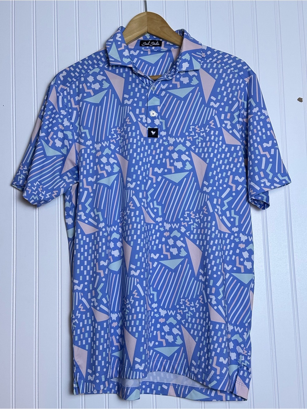 Bad Birdie Polo Shirt L Blue Geometric Pastel Golf Performance Stretch Quick Dry